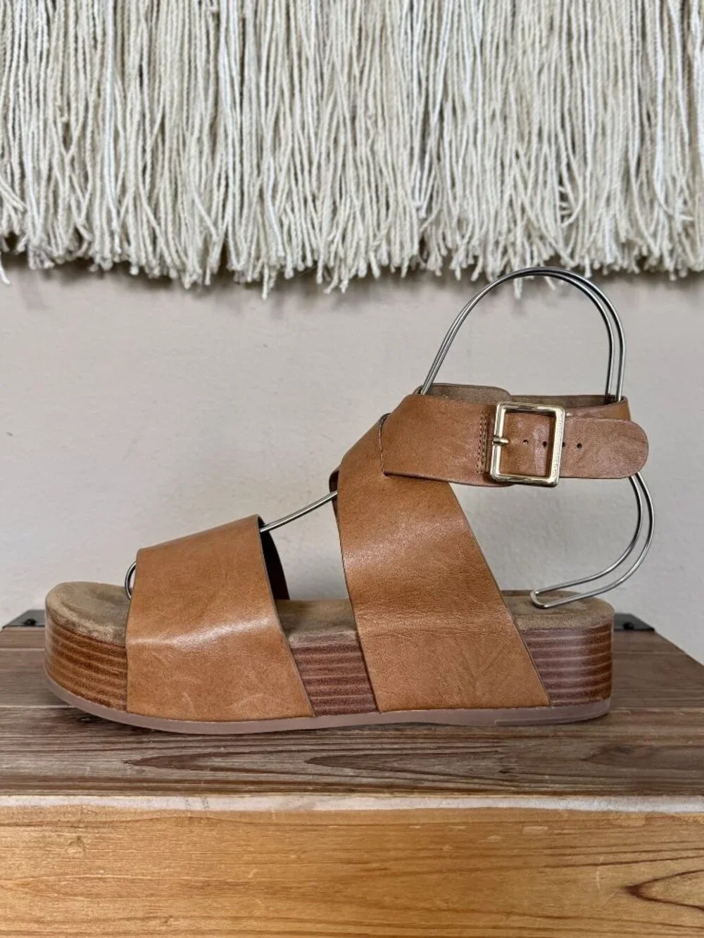 Kelsi Dagger Dunes Leather Brown Peanut Ankle Wrap Platform Sandals Size 8.5